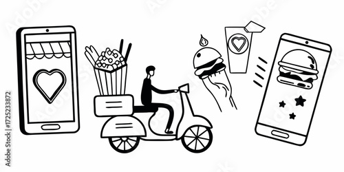 Delivery service with scooter and food icons on phones in black and white outline style