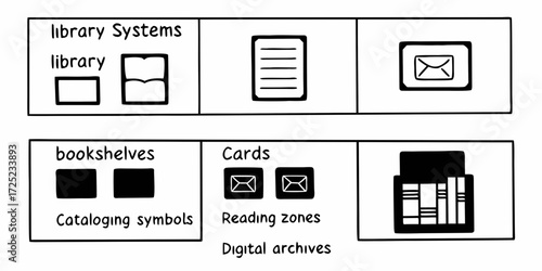 Illustration depicting library systems, bookshelves, cards, and digital archives in black and white