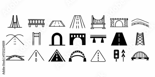 Collection of various bridge and road illustrations in black and white line art style