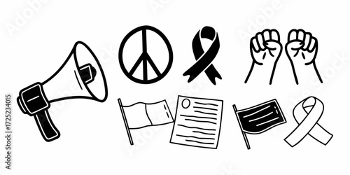 Illustration showing a megaphone, peace sign, ribbon, fists, flags, and document symbols