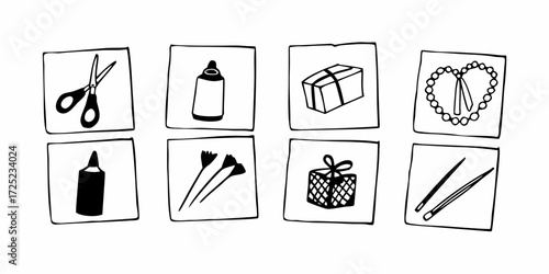 Doodle style icons of craft supplies and gifts arranged in a square grid pattern