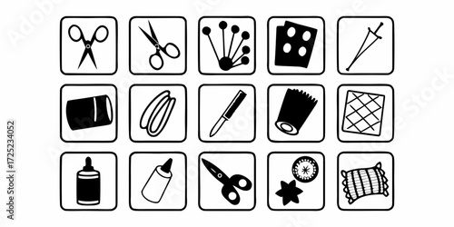 Collection of fifteen craft and sewing icons displayed in a grid arrangement style