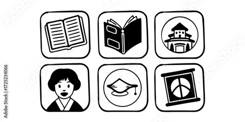 Six monochrome education icons depicting books, building, graduate and student symbols