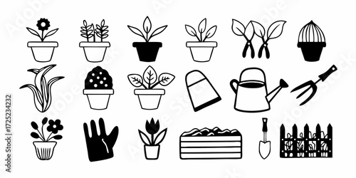 Illustration of various potted plants and gardening tools in black and white outline style