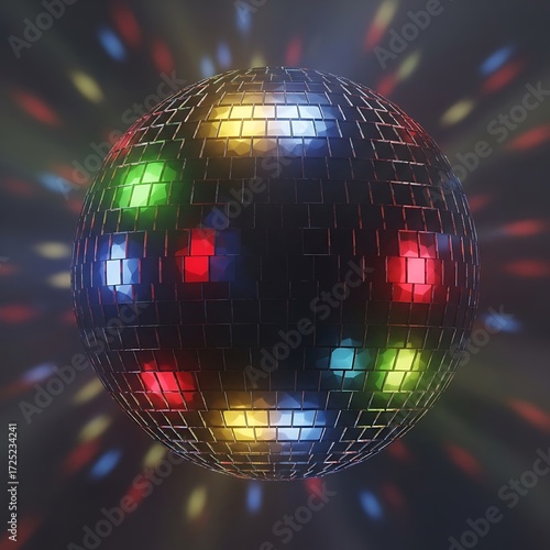 A vibrant disco ball glows with colorful lights in a dark, energetic setting.