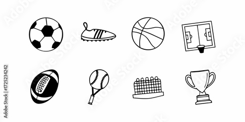 Collection of sports equipment including balls shoes court and trophy in black and white
