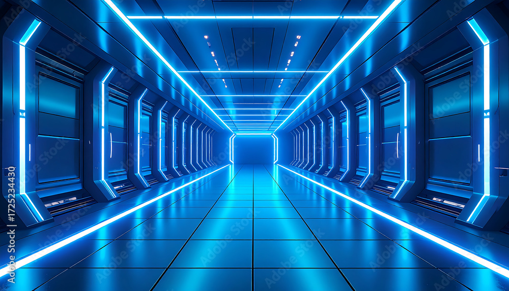 Fototapeta premium Futuristic interior with nobody present, empty corridor bathed in vibrant neon blue light, a symbol of technology