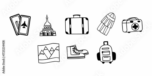 Doodle style travel icons including tickets, landmarks, luggage and first aid kit