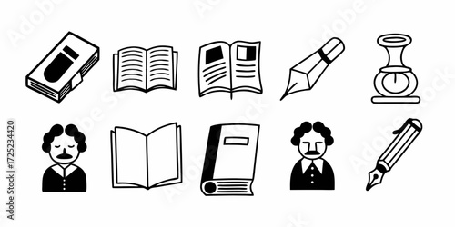 Illustration of books, open books, pens, inkwell, and two portraits in black and white