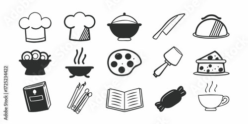 Collection of kitchen and cooking related doodle icons in black and white style art