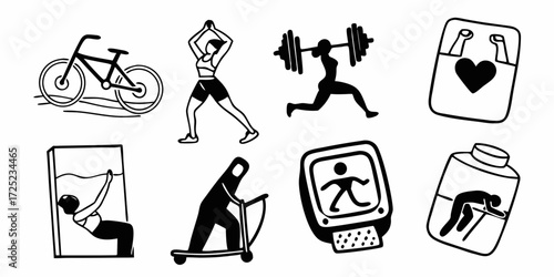 Black and white line art depicting various forms of exercise and mental health support
