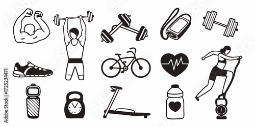 Collection of black and white fitness and exercise themed icons and clip art elements