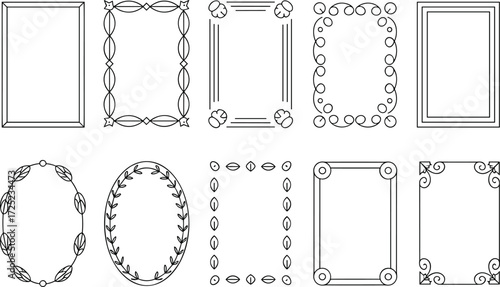 Decorative frame set with leaf, swirl, geometric, oval, and rectangular borders, black and white vector design for layout use