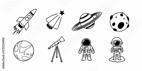 Line art of rocket, comet, planet, moon, earth, telescope, and two astronauts in space