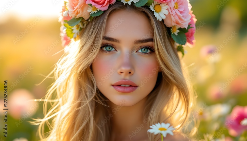 Fototapeta premium Beautiful woman with flower crown posing outdoors in natural light portrait photography.