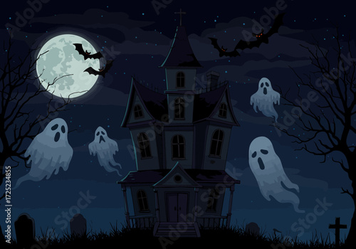 Spooky haunted house with ghosts on a dark moonlit night