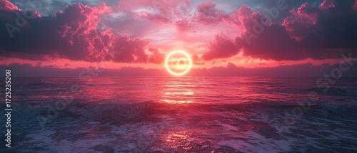Surreal Pink Sunset Seascape: A Dreamlike Ocean Horizon with Neon Ring