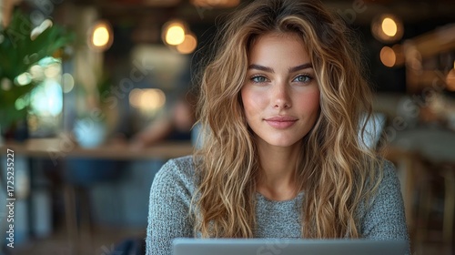 Stunning Woman with Long Wavy Hair in a Cafe