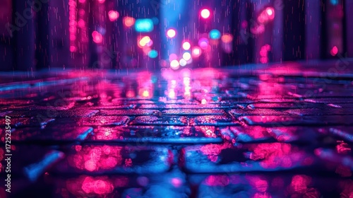 Neon Rain: A City Street Drenched in Vibrant Lights and Falling Rain