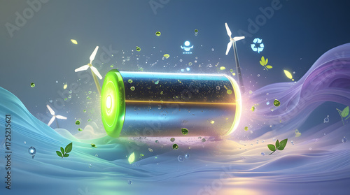 Abstract renewable energy storage concept showing futuristic glowing battery symbol with digital effects