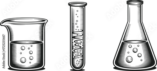 Laboratory glassware vector set, black and white beaker, test tube, Erlenmeyer flask with bubbles for science, chemistry, experiment use