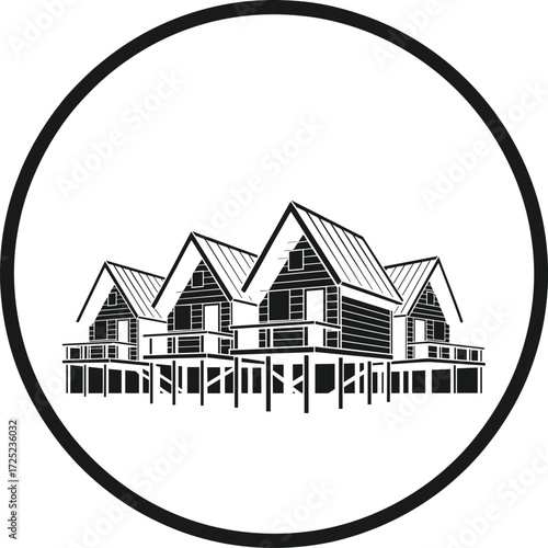 Black and white stilt house illustration, modern architecture design, elevated homes logo, circular frame artwork, coastal housing concept, minimalist vector drawing