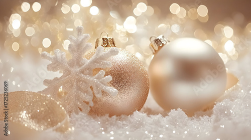 Christmas Ornament Still Life, two shimmering gold and white ornaments and glittery snowflake on snowy surface in dreamy holiday setting, celebration of winter and new year with festive decoration