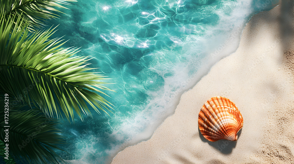 Obraz premium Tropical Beach Seashell Paradise Azure Ocean Waves Palm Tree Sandy Coastline Serene Seashell close-up on creamy sand by the clear sea with soft palm fronds ideal for a calming summer vacation