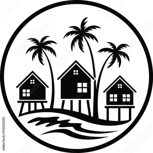 Black and white tropical illustration, stilt houses with palm trees, coastal island design, circular frame artwork, serene vacation scene, decorative vector drawing