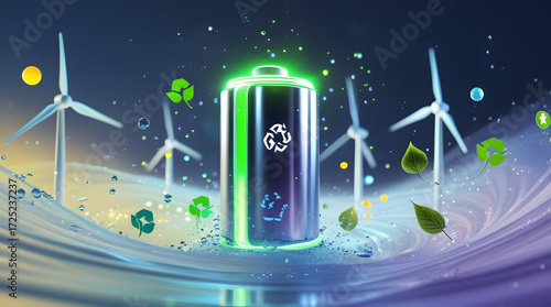 Futuristic holographic battery glowing with renewable energy particles symbolizing clean power storage innovation