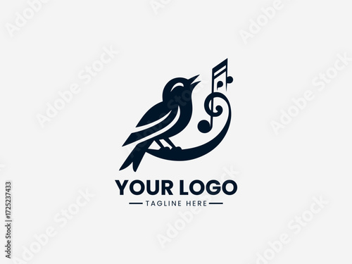 Elegant singing bird vector logo with musical notes and microphone for music school or recording studio