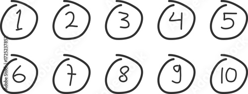 Hand Drawn Numbers 1 to 10 in Circles Isolated on White