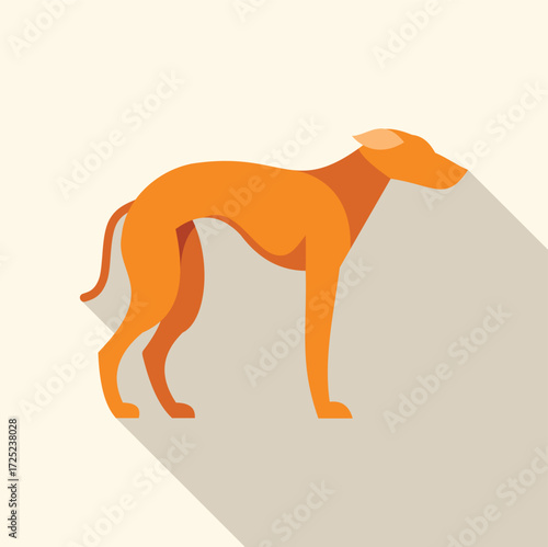 Minimalist vector illustration of a pharaoh hound standing, featuring a flat design style and long shadow, creating a modern and simple aesthetic