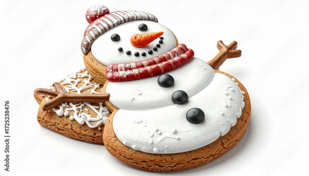 Fototapeta premium Festive Snowman Shaped Cookies Stacked on White Background Christmas Sweet Treat