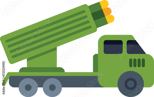 Green military truck launching rocket with explosive warhead, heavy military equipment, armored vehicle