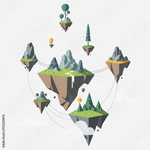 Floating Islands Landscape with Mountains and Trees Illustration for Graphic Design Projects