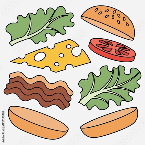 Delicious burger ingredients illustration fresh lettuce, cheese, tomato, bacon, bun, and potato slices