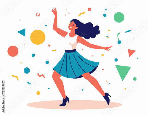 Vibrant illustration of a joyful woman dancing energetically, surrounded by a festive burst of colorful confetti and geometric shapes, embodying happiness, freedom, and spirited celebration
