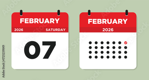February 7 2026 Saturday Calendar Page Vector Illustration. 7 February calendar page. Day calendar with date February 7. Week Starts on Sunday. Modern Calendar template icon. Checklist day calendar.