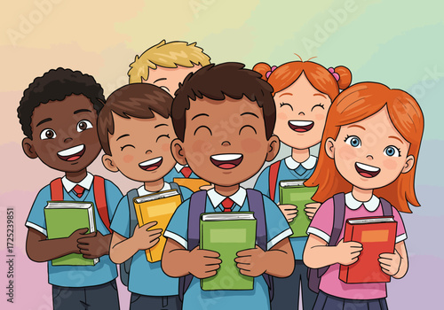 Happy diverse group of school children smile with books