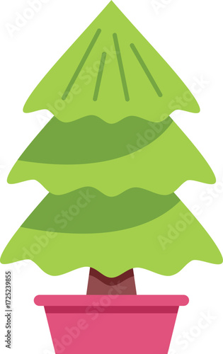 Simple vector illustration of a small green pine tree growing in a pink pot, isolated on white background