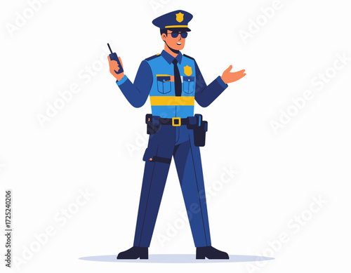 Cartoon Policeman Directing Traffic with Radio and a Smiling Expression in Uniform Isolated