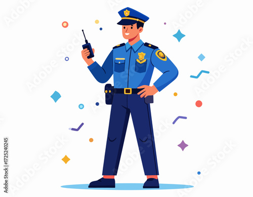 A confident police officer stands ready with a walkie-talkie, surrounded by festive confetti, symbolizing security and public service