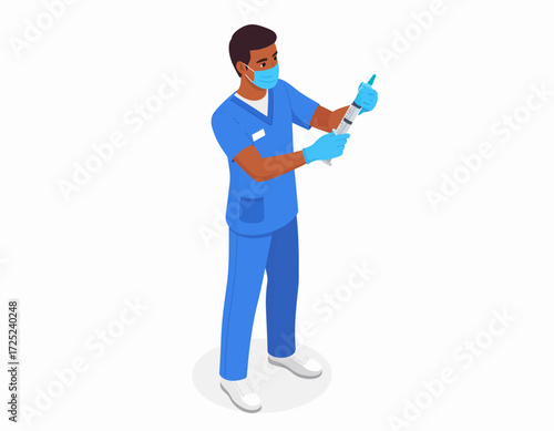 Medical Professional Preparing a Syringe for Vaccination or Injection with Surgical Mask
