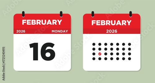 February 16 2026 Monday Calendar Page Vector Illustration. 16 February calendar page. Day calendar with date February 16. Week Starts on Sunday.