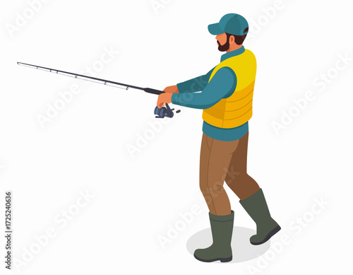 Dedicated angler in a yellow vest and cap, actively fishing with a rod and reel, embodying the serene and rewarding experience of outdoor recreation and hobby pursuit
