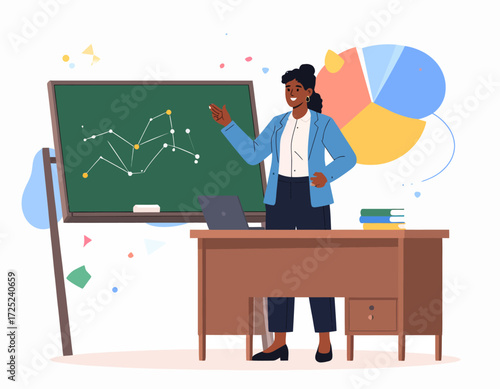 Educator Illustrating Statistical Data on a Chalkboard A Visual Representation of Education and Analysis