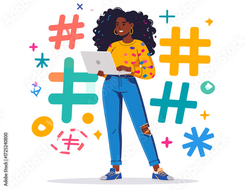 Creative female influencer and content creator using a laptop for digital branding and social media engagement with floating hashtag symbols