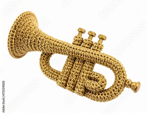 Golden Cornet Musical Instrument Crochet Design Isolated on White Background