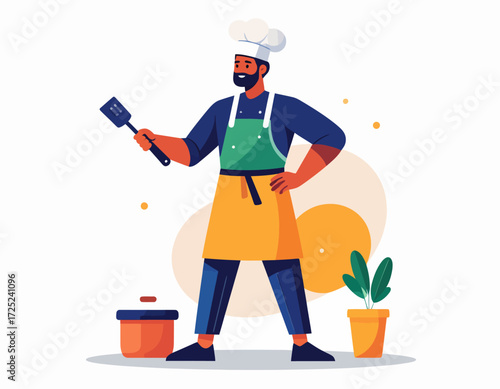 Professional Chef in Uniform Holding Spatula with Culinary Utensils and Potted Plant